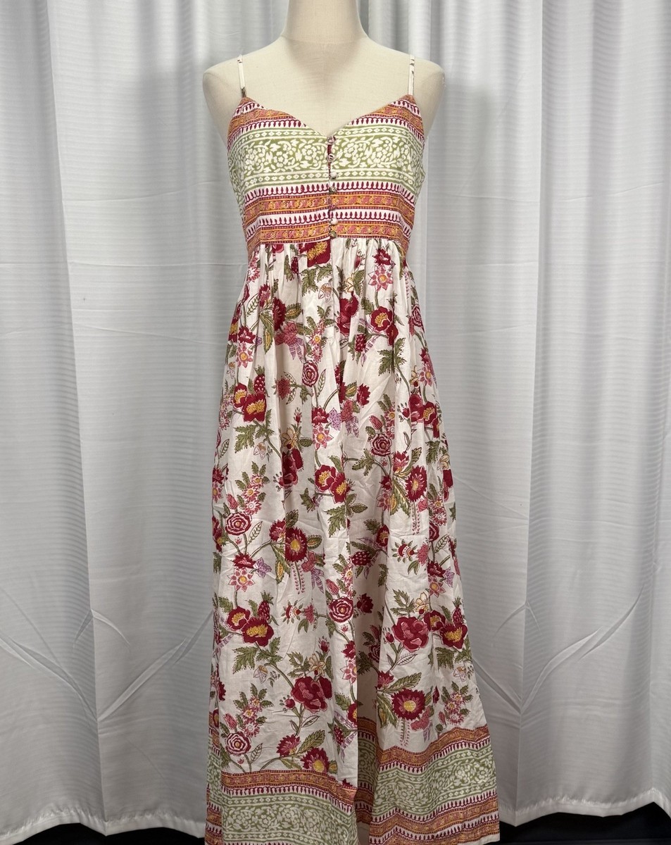 anokhi cotton dresses Anokhi Dress Product Description:- Made in pure cotton 100% Hand block  print Ethnic maxi dress V-neck Full sleeves Full length Full flare 3  different block print used Sizes Available- S, M, L,