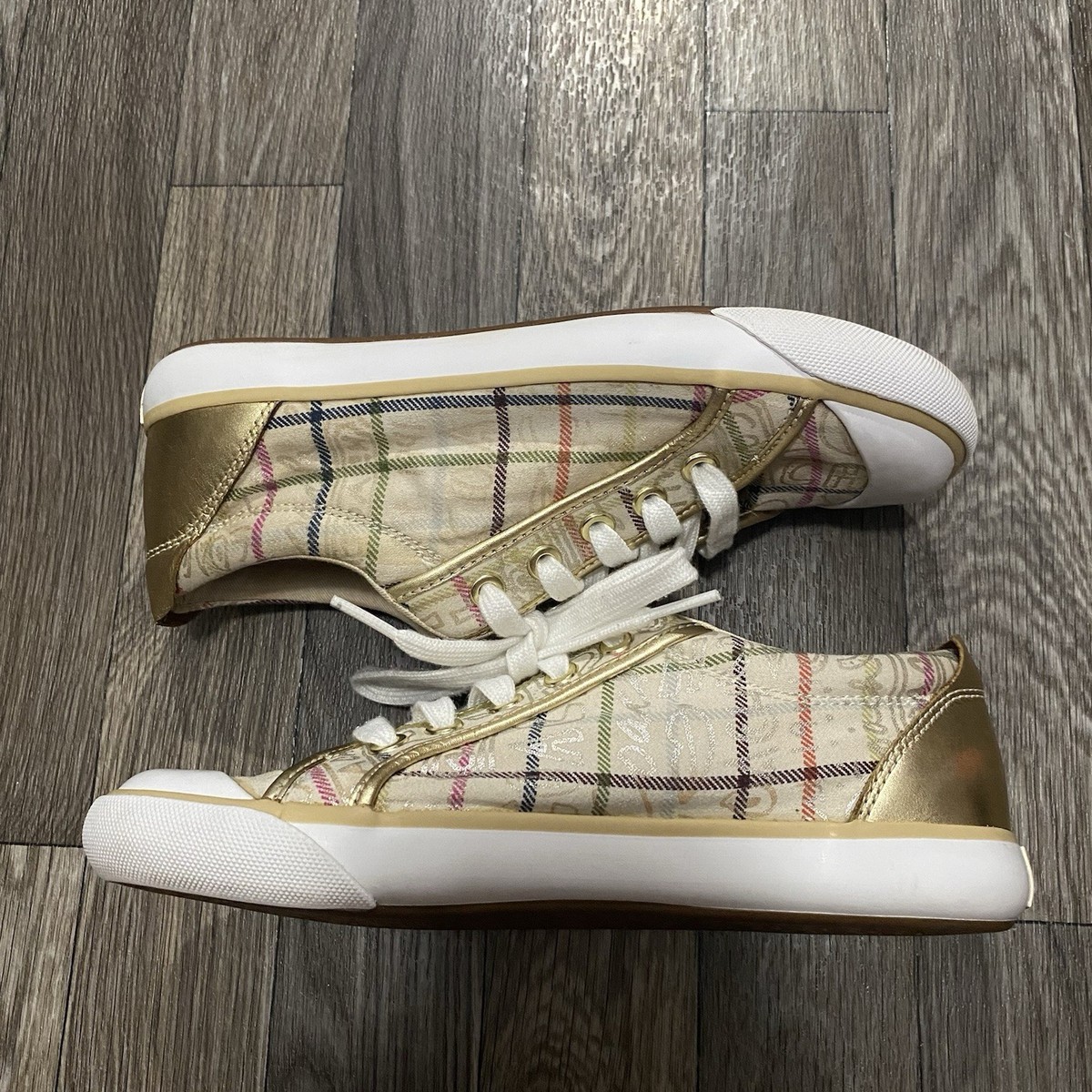 Coach Barrett Plaid Low Top Lace-Up Sneakers Beige Gold White Multicolor View 3