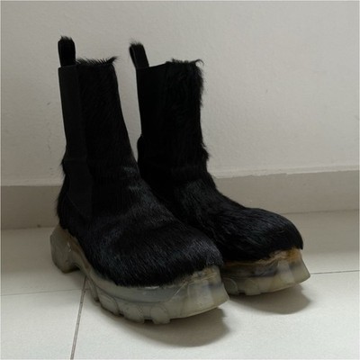 Rick Owens Black Fur Chelsea Ankle Boots Pull On Round Toe EU 44 US 11