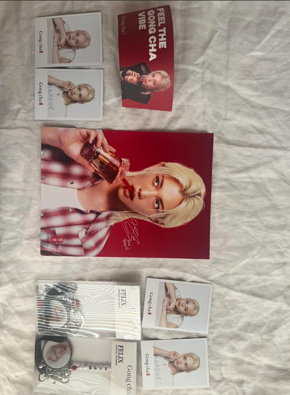 felix gong cha keychain , photo card, cup sleeve, and poster