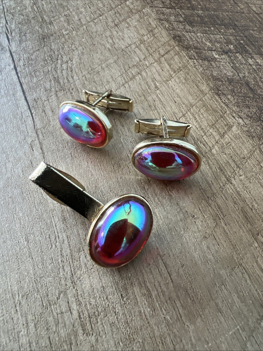 Vintage Men's Opal Tie Clip Cuff Links Opal Red Stone