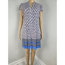 Loft Womens Small Pink Blue Floral Medallion Crinkle Rayon V-Neck Shift Dress