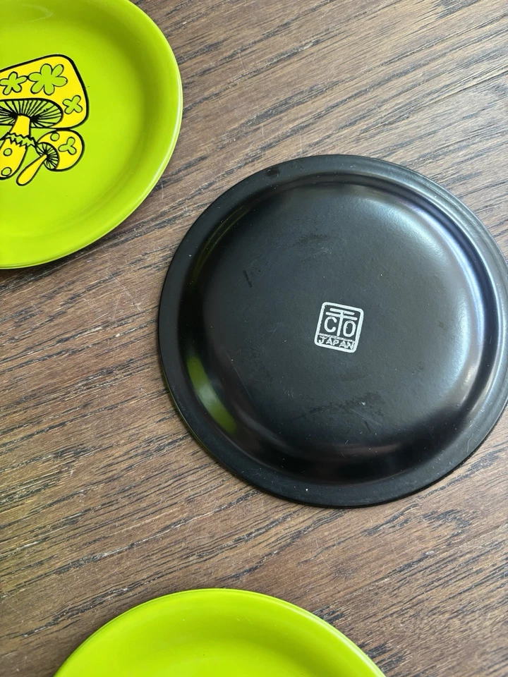 Set of 6 Green & Yellow Groovy Mushroom Coasters + Holder by Takahashi w Sticker - Image 3 of 4