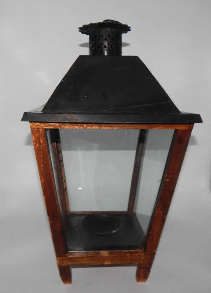 VTG Pier 1 Large Distressed Wood Metal Roof Glass Hanging Candle 23" Lantern - Image 3 of 4