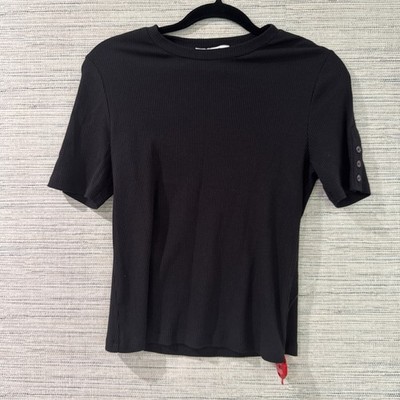 Derek Lam 10 Crosby Black Luxe Knit Top Ribbed Salma Short Sleeve Size Medium