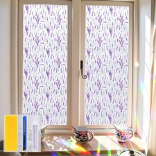 Stained Glass Window Privacy Film, Removable Static Cling Purple Lavender Flo...