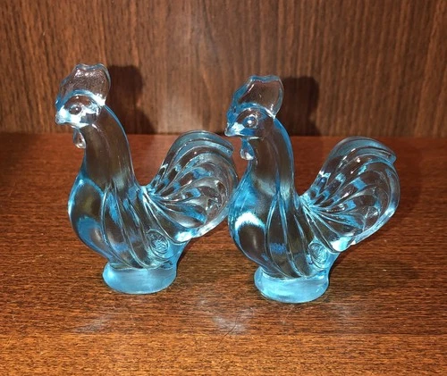 Two Fenton Aqua Blue Glass Rooster 2.75" Figurines