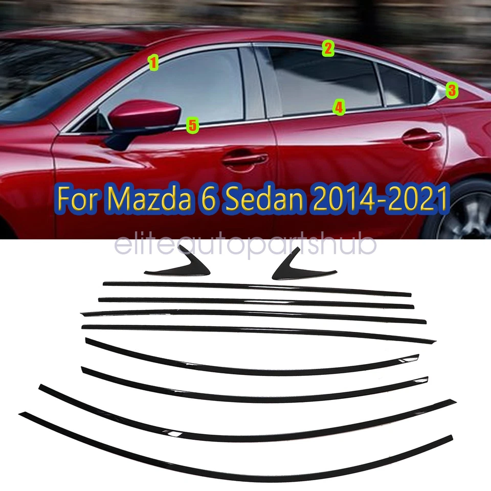 Tiras molduras de ventana de coche negras brillantes 10 piezas para Mazda 6 sedán 2014-2021 Foto 4 de 4