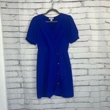 Monteau Royal Blue Wrap Dress Short Sleeve Button Front Tie Waist Women’s M