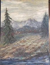 ::OIL PAINTING INDISTINCT. SIGNED 1962 FOREST LANDSCAPE WITH FIRS & VILLAGE OFF MOUNTAIN PANORAMA