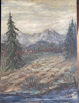 ::ÖLGEMÄLDE UNDEUTL. SIGN.1962 WALDLANDSCHAFT MIT TANNEN & DORF VOR BERGPANORAMA