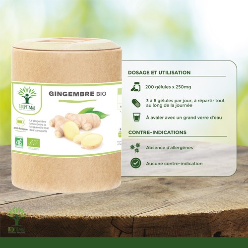 Gingembre Bio - Bioptimal - Energie Mal des transports Digestion - 200 gélules - Photo 4/11