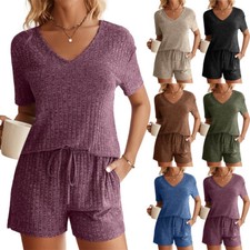 Women's 2 Piece Outfits Lounge Set Short Sleeve Shirt And Shorts Sleepwear Set