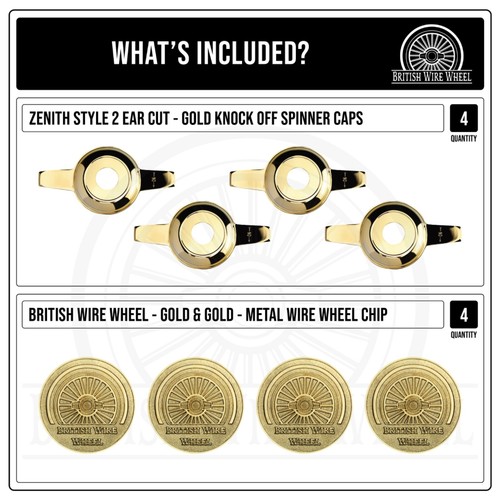 British Wire Wheel All Gold Wire Wheel Chips with Gold KO Spinner Caps, Set of 4 - Picture 32 of 58