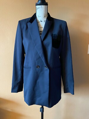 NWT SANDRO Paris Hazal Marine Blue Virgin Wool Blend Blazer Jacket Size 40 $470