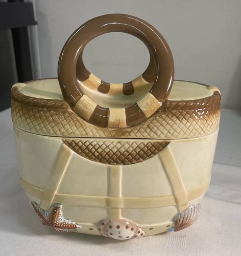 Vtg Ceramic Figural Beach Bag Shape Relief Shells 9.5 in Nautical ...