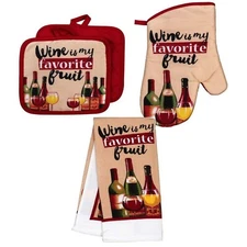 4pc SET-Funny WINE is MY FAVORITE FRUIT Kitchen Towel Oven Mitt Pad Novelty Gift