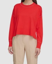 Dkny Women's Red Studded Long Sleeve Pullover Sweater Size S