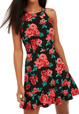 BCX Juniors Black Floral Dress Size 13 Fit & Flare Ruffle Hem Halter Party Vibe