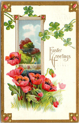 Easter Greetings Poppy Flowers Shamrocks 4 Leaf Clovers Vintage Postcard Posted