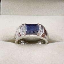 Blue Sapphire Emerald Cut Gemstone With 14K Solid White GoldRing For Men's B734