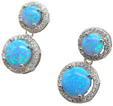 SILVER BLUE OPAL DROP  EARRINGS HALO CZ CLUSTER 925 STERLING SILVER CABOCHON NEW