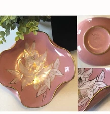 vtg Italian Hand-Painted Pink Ceramic Candy Dish Bowl Gold Trim 8" Numbered