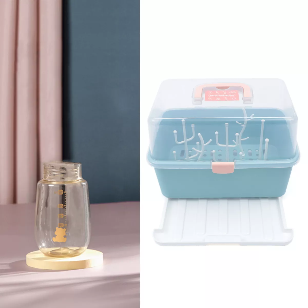 Infant Milk Bottle Storage Box With Cover And Drain Rack, Plastic