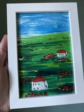 Landscape,houses,country, 4/6 Hand Painted On Paper, Acrylic,framed