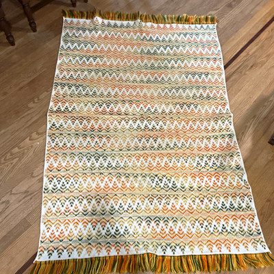 Swedish  Chevron Throw Blanket Olive Green,Orange, Gold Fringe   MCM  64 x44 