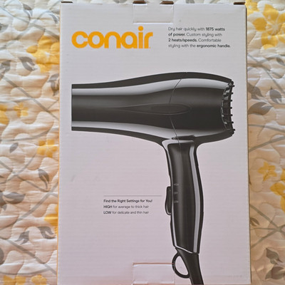 Conair 1875W Mid-Size Standard Hair Dryer Black, 2 Speeds/2 Heat, Loop