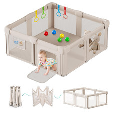 Foldable Baby Playpen with Mat, 50X50 Inches, Light Khaki
