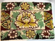 Vintage Mcm Latch Hook Shag Rug Floral Yellow Green Fall Colors 34”x25”