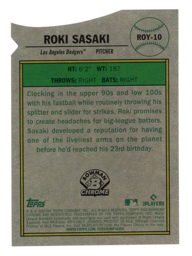 ROKI SASAKI 2025 BOWMAN CHROME ROY FAVORITES DIE-CUT GREEN MOJO RC 66/99 DODGERS - Picture 2 of 2