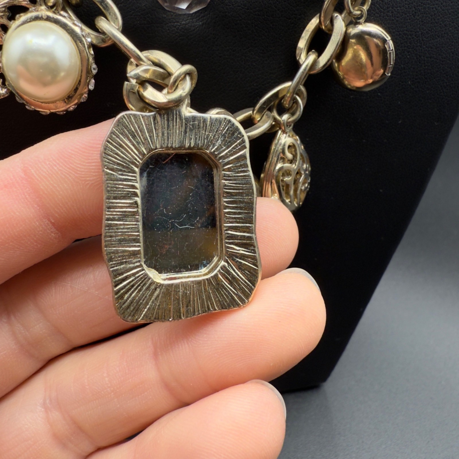 Multi Layer Gold Tone Statement Necklace Charms L… - image 9