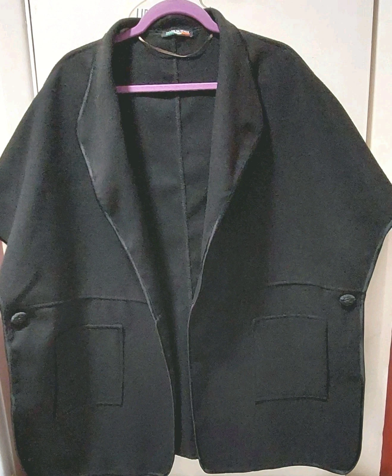 Black Open Front Cape Poncho pokets 70% wool One Size made in Italy VGC