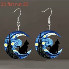 Starry Night Cat Earrings Whimsical Cat Lovers Jewelry - Moon And Stars Earrings