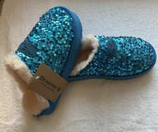 BEARPAW Women  s Blue Sequin Slip-On Slippers Faux Fur Lined Round Toe 9