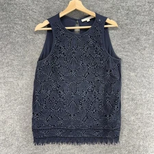 Loft Blouse Women S Small Blue Floral Crochet Sleeveless Wide Strap Hook & Eye