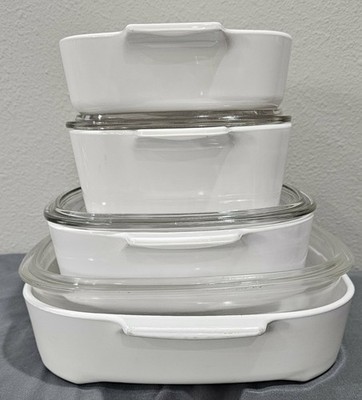 Vtg. Corning Ware Set of 4 Plain White MW-A-10-B, A-2-B ,A-1.5-B, A-1-B W/3Lids