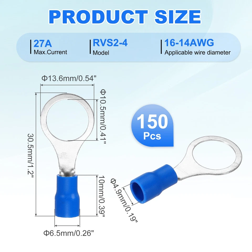 150Pcs Insulated Ring Terminal RV2-10 Battery Lugs 16-14AWG Crimp Terminals Blue Foto 2 de 4