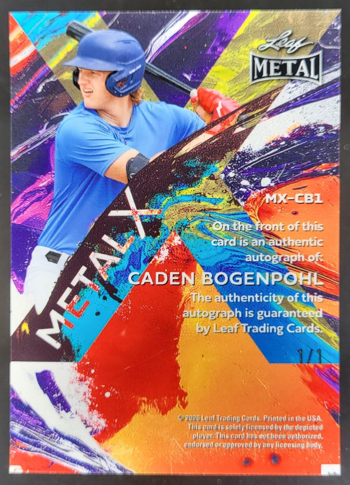 2026 Leaf Metal Baseball Caden Bogenpohl X Auto Shimmer Purple 1/1 #MX-CB1 MS7 view 2
