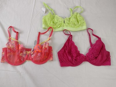 M&S 3pcs Underwired Non Padded Lace Bras Yellow Pink Bright Rose Size 32D NEW