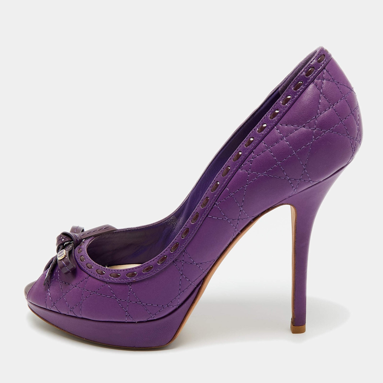 Dior Purple Cannage Leather and Patent Bow Peep Toe Platform Pumps Size 38