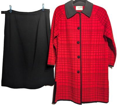 Vintage Marco Polo Skirt Suit Womens 16 Red Black Wool Plaid Hong Kong 60s