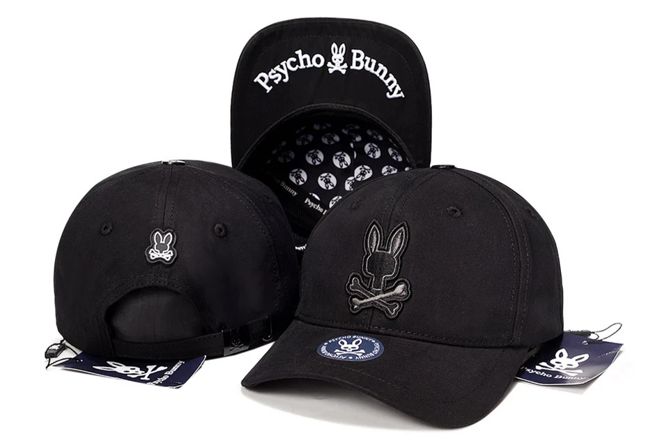 Gorras de sol de béisbol Psycho Bunny negras para hombres mujeres bordadas calavera conejo con cierre a presión