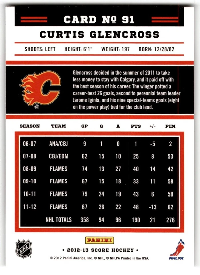 Curtis Glencross 2012-13 Score Gold Rush #91 Calgary Flames - Image 2 of 2