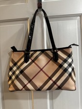 Burberry Nova Check Tote Bag   Classic Plaid Canvas Black Patent Leather Trim