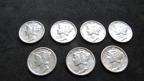 7-  AU/UNC Mercury Silver Dimes - out of roll 1940-s/41-p/42-p+d /43d /44p/45p