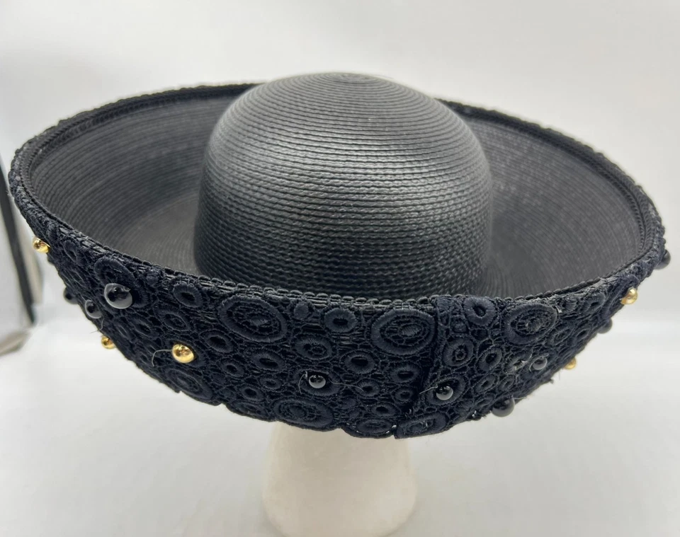 Vintage Women Wide Brim Hat Black Beaded Lace Classic Retro Decorative Headpiece - Image 4 of 4